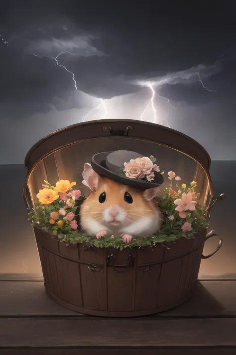 Adorable, (hamster),  inside ((A beautifully decorated container resembling a hat box)), with a dramatic lightning storm illuminating the sky,, <lora:epiNoiseoffset_v2Pynoise:2>