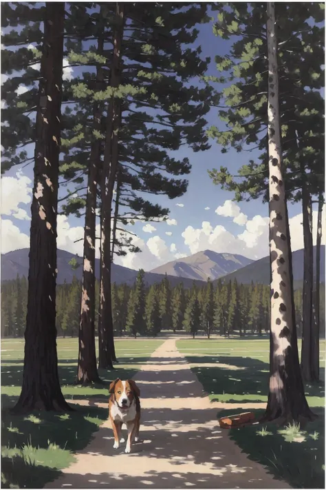 impressionism oil painting, Ruscha, An engaging portrayal of an inanimate object, bringing it to life through art, ((dog)), with a grove of ancient trees creating a sense of enchantment,, <lora:epiNoiseoffset_v2Pynoise:2>