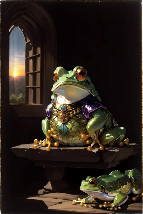 Rembrandt, Renaissance, ((frog)), with a sunrise in the background, Opalescent luster that displays a shifting play of colors,, <lora:epiNoiseoffset_v2Pynoise:2>