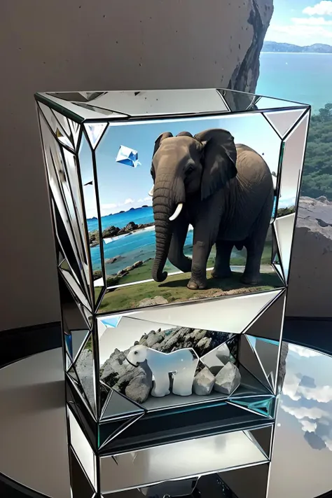 Endearing, (elephant), inside ((A transparent display cube with mirrored base creating a stunning reflection of displayed items)), with a rocky coastline in the background,, <lora:epiNoiseoffset_v2Pynoise:2>