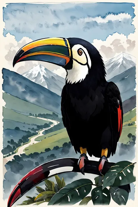 Watercolor Painting, An engaging representation of an animal, inviting the viewer to contemplate its significance, ((toucan)), Mountain pass, eagle's view,, <lora:epiNoiseoffset_v2Pynoise:2>