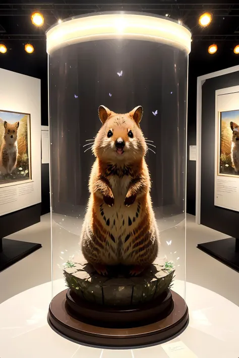 Delightful, (quokka),  inside ((An eye-catching display pedestal made of translucent material adding a touch of elegance to any exhibit)), with a butterfly in the foreground,, <lora:epiNoiseoffset_v2Pynoise:2>