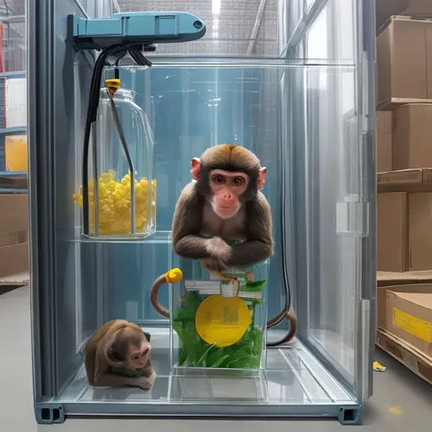 ( monkey ),  inside (( plexiglass storage container ))