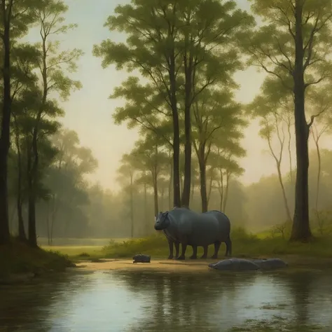 tonalism oil painting, portrait, hippopotamus, A quiet, cozy cabin in the woods