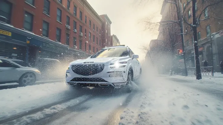 GV70 on snow field, Car, (white GV70:1.4), front view, low angle, super low angle, side view, driving, city steet, photo realistic, RAW photo, no humans,  <lora:gv70-000006:0.8>