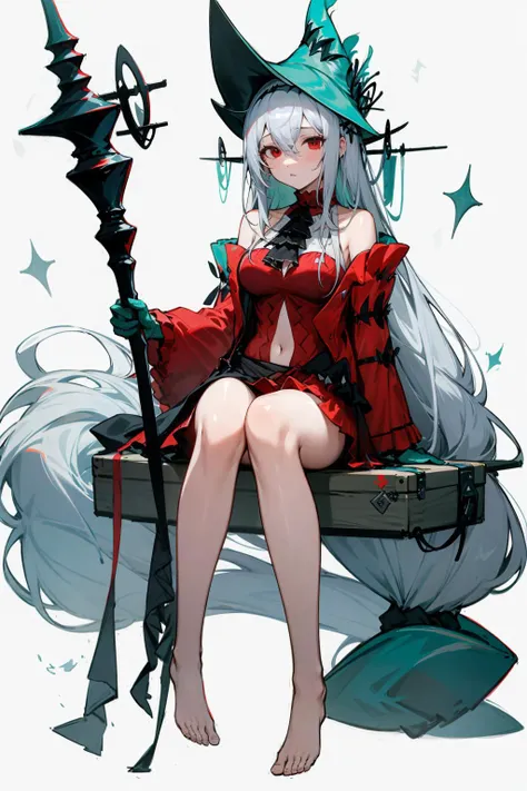 skadiCH hairstyle, outfit-skadiCH, 1girl, long hair, solo, red eyes, breasts, very long hair, barefoot, staff, grey hair, sitting, bangs, bare legs, thighs, holding staff, hat, aqua headwear, medium breasts, hair between eyes, full body <lora:outfit-skadiCH-pynoise-000004:1>