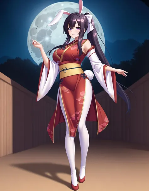 <lora:Okina_Mishio_lora:0.5>, long_hair, purple_eyes, hair_bow, ponytail,
best quality, (8k), (4k),(Masterpiece), (Best Quality), extremely detailed, intricate, hyper detailed, (perfect face), illustration, perfect_eyes,
(1girl), bishoujo, (full body), (full moon:1.3), mid-autumn festival, moon, night, night sky, outdoors, paper lantern,
chinese clothes, dress bow, (hanfu:1.3), red dress, short dress, wide sleeves, (rabbit ears:1.3), rabbit tail, (white pantyhose),
standing, holding fan, smile, large breasts,