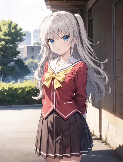 masterpiece,best quality,highres,solo,school uniform,standing,cowboy shot,arms behind back,<lora:è§è²-åå©å¥ç»ªãtomori, ã>,tomori,smile,