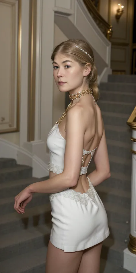 Masterpiece, Ultra realistic high definition of Rosamund Pike real life actress, Slim legs, Superb ronde sexy ass, Delicate body, Ultra realistic high definition micro detail dry skin, Ultra realistic high definition micro detail superb big seductrice eyes, Ultra realistic high definition micro detail superb thick glossy lips, Ultra realistic high definition micro detail superb ferm ronde tits, Ultra realistic high definition micro detail superb long messy ash blonde hair,  Low raise tight fashion white micro mini skirt, High raise tight white tube top, Tight white choker, Show navel, Short nails, Sexy sexy elegant pose, Arched back, Random jewlery, Delicate gold chain aronde her belly, Warm professional lighting, simple smile, front view, Look at viewers, Going down a red carpet palace stair way following the strair garde rail with her hand, Camera spotlight, bloom effect, r0smp1k3-smf, <lora:rosamundpike_lora_smf_v2:1>