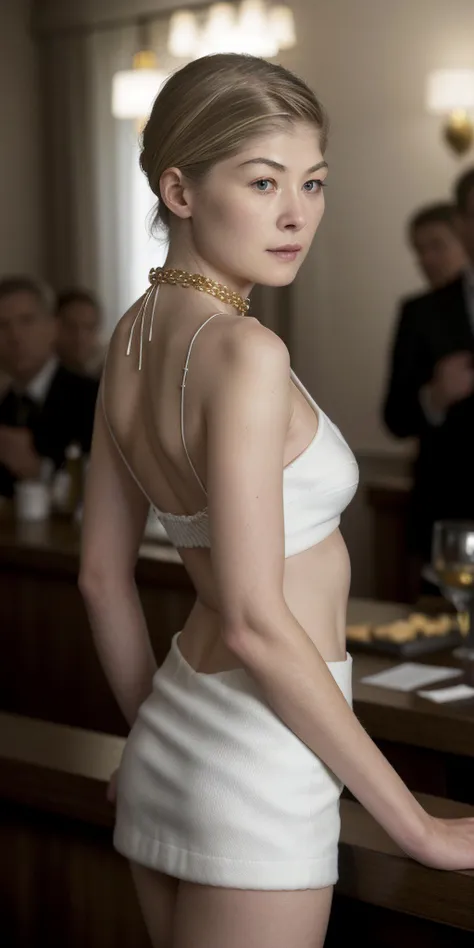 Masterpiece, Ultra realistic high definition of Rosamund Pike real life actress, Slim legs, Superb ronde sexy ass, Delicate body, Ultra realistic high definition micro detail dry skin, Ultra realistic high definition micro detail superb big seductrice eyes, Ultra realistic high definition micro detail superb thick glossy lips, Ultra realistic high definition micro detail superb ferm ronde tits, Ultra realistic high definition micro detail superb long messy ash blonde hair, Low raise tight fashion white micro mini skirt, High raise tight white tube top, Tight white choker, Show navel, Short nails, Sexy sexy elegant pose, Arched back, Random jewlery, Delicate gold chain aronde her belly, Warm professional lighting, simple smile, front view, Look at viewers, Having a drink at the bar palace bent over seducing the bar men, paparazzi photoshoot, Camera spotlight, bloom effect, r0smp1k3-smf, <lora:rosamundpike_lora_smf_v2:1>, RAW candid cinema, 16mm, color graded portra 400 film, remarkable color, ultra realistic, textured skin, remarkable detailed pupils, realistic dull skin noise, visible skin detail, skin fuzz, dry skin, shot with cinematic camera, Tiny cute isometric in a cutaway box, soft smooth lighting, soft colors, 100mm lens, 3d blender render