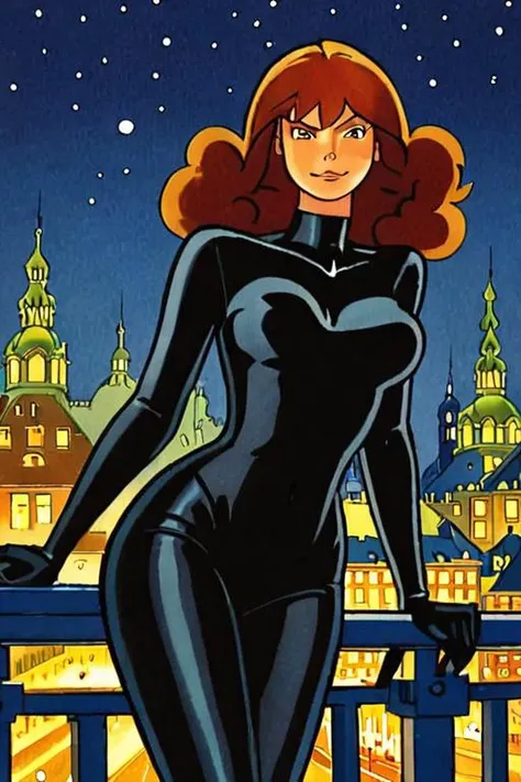 a comic illustration of franka, a young woman in a black skintight outfit at night by Henk Kuijpers <lora:Henk_Kuijpers_Franka_Style_XL>