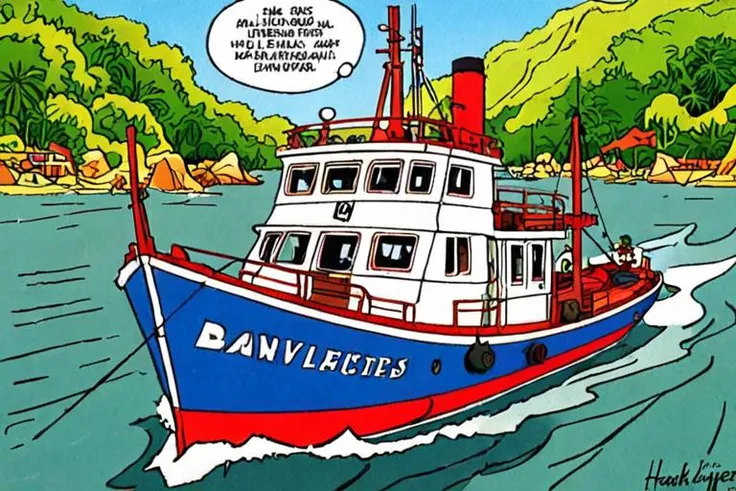 a comic illustration of a Boat by Henk Kuijpers <lora:Henk_Kuijpers_Franka_Style_XL>