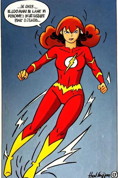 a comic illustration of (franka), a woman dressed as a The Flash by Henk Kuijpers <lora:Henk_Kuijpers_Franka_Style_XL>