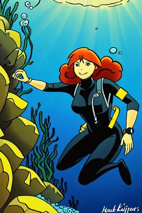 a comic illustration of franks, a woman scuba diving by Henk Kuijpers <lora:Henk_Kuijpers_Franka_Style_XL>