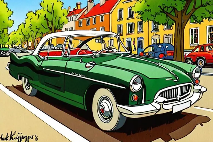 a comic illustration of a classic old car by Henk Kuijpers <lora:Henk_Kuijpers_Franka_Style_XL>