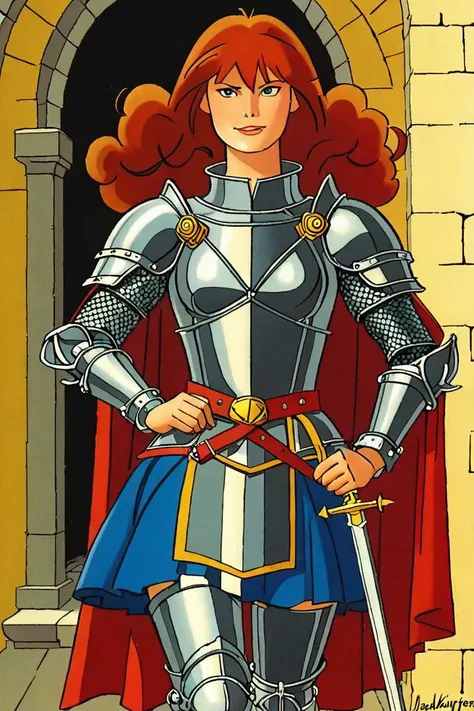 a comic illustration of (franka), a woman dressed as a knight costume by Henk Kuijpers <lora:Henk_Kuijpers_Franka_Style_XL>