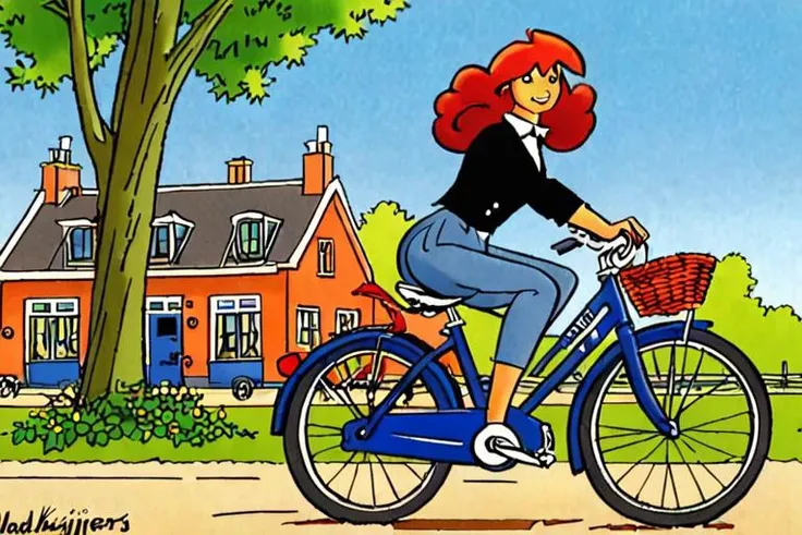 a comic illustration of franka, a woman riding a bicycle in Holland by Henk Kuijpers <lora:Henk_Kuijpers_Franka_Style_XL>