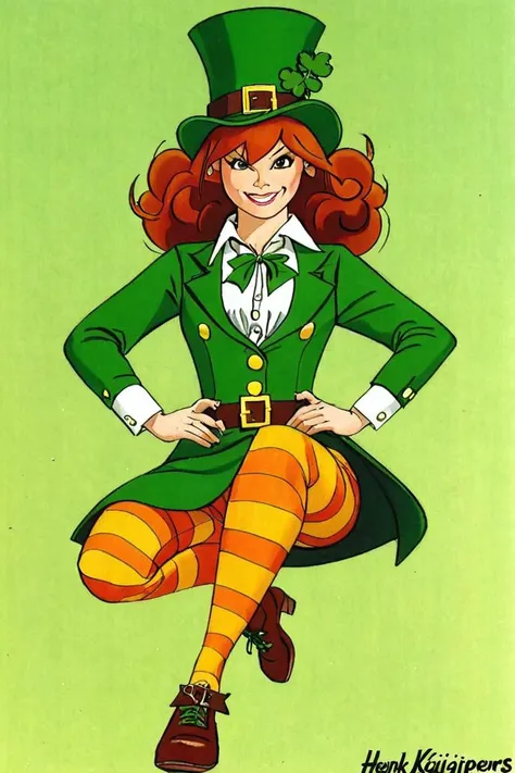 a comic illustration of (franka), a woman dressed as a leprechaun costume by Henk Kuijpers <lora:Henk_Kuijpers_Franka_Style_XL>