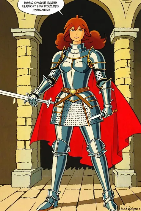 a comic illustration of (franka), a woman dressed as a knight costume by Henk Kuijpers <lora:Henk_Kuijpers_Franka_Style_XL>