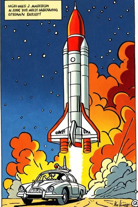 a comic illustration of a rocket ship by Henk Kuijpers <lora:Henk_Kuijpers_Franka_Style_XL>