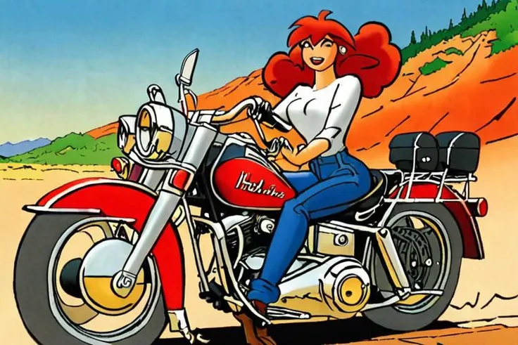 a comic illustration of franka, a woman riding a motorcycle by Henk Kuijpers <lora:Henk_Kuijpers_Franka_Style_XL>