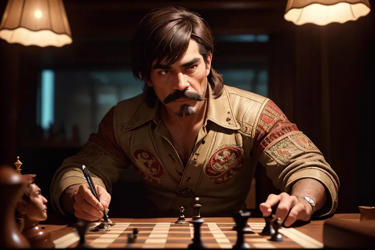 an awarded profesional photography of (1man:1.3) Native Americans  with Chestnut eyes with  male Layered bob with choppy bangs hairstyle hairstyle and imperial mustache in mahogany color, dressed as Dancer    fucked silly, playing a game chess   in space station ,(epic scene:1.3),ultradetialed character with perfect face,detailed skin,(ultrasharp:1.3),(masterpiece:1.1),best quality,(photorealistic:1.2),ultrarealistic,realistic ultradetailed character,4k perfect quality, <lyco:GoodHands-beta2:1> by by Peter Lindbergh Broad Lighting camera angle pov and cowboy shot Magnificent,Imperceptible detail,Intricately designed,  (perfect quality face:1.5)  hyper-detailed complex,  insanely detailed, detailed clothes, detailed skin, detailed body, , 1man, realistic lights, realistic shadows, profesional photo,