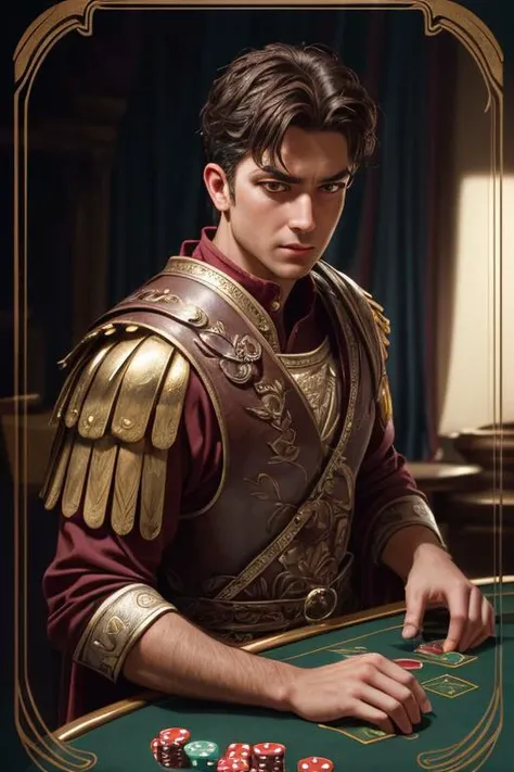 a profestional picutre of 1man, romanarmy man, <lora:ARWromanarmy:0.7> roman soldier , Gambler's Wager: Behavior: The character's fingers tap rhythmically on a card or dice, their eyes calculating odds and possibilities. Their body language is confident yet tinged with excitement, embodying the thrill of risking it all for a chance at victory. , camera angle dutch angle and focus on upper body, blend photorealism 2 2 : fashion shadows photographic unreal 5 daz. rpg ,extremely detailed artgerm greg rutkowski greg,((ultrasharp)),((masterpiece)),((best quality)),((ultradetailed)),((intricated details)), ultradetailed character, detailed face, intricated face details, <lyco:GoodHands-beta2:1.0> <lora:add_detail:0.5> , extremaly detailed background, detailed hands , dramatic lights, bokeh, realistic, photorealistic,