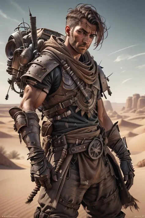 a profestional picutre of 1man, <lora:Clothing - DesertPunk Armor:0.7> des3rt4rmor, desert warrior , Explorer's Curiosity: Behavior: The character's gaze shifts ceaselessly, taking in every detail of their surroundings. They move with a sense of wonder, eager to uncover hidden secrets and treasures in their ever-evolving quest for knowledge. Guardian's Vigilance: Behavior: The character stands at attention, eyes scanning the horizon for potential threats. Their demeanor is unwavering, and they embody the essence of steadfast protection, ready to spring into action at a moment's notice. , camera angle from below and focus on face, blend photorealism 2 2 : fashion shadows photographic unreal 5 daz. rpg ,extremely detailed artgerm greg rutkowski greg,((ultrasharp)),((masterpiece)),((best quality)),((ultradetailed)),((intricated details)), ultradetailed character, detailed face, intricated face details, <lyco:GoodHands-beta2:1.0> <lora:add_detail:0.5> , extremaly detailed background, detailed hands , dramatic lights, bokeh, realistic, photorealistic,