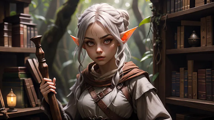 <lora:RPGGnome:1> rpggnome:1.2 pointy ears, 1girl messy hair in auburn  with Hazel eyes  eyes  and Thick eyebrows , bard wearing bard outfit holding medieval music instrument wide angle, In a hidden library in the heart of a jungle, where ancient knowledge waits to be discovered, in background, realistic:1.2,  masterpeice, ultradetailed, intricate details, perfect quality, ultrashapr, ultradetailed, photorealistic, perfect shadows, profesional lights, realistic, blurry, boekh, masterpiece light works,depth of fiel, ultradetailed character, pefect quality, maximum quality, intricate details, detailed face, realistic lights, realistic shadows, profesional photo,