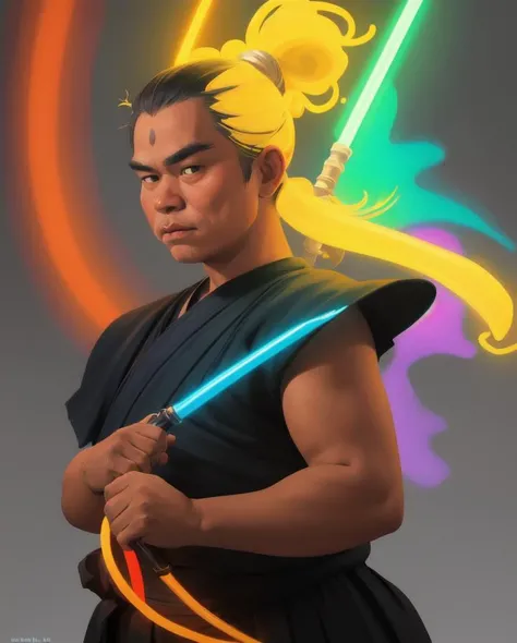 art by Morris Louis,art by Jacques Bellange, illustration of a Obscene Expressive rotund Thai Anakin Skywalker with [Foam:Silver:14] skin, Low ponytail hair, Yellow Witch Hat, Amusing, Neon Light, Selective focus, Kinemacolor