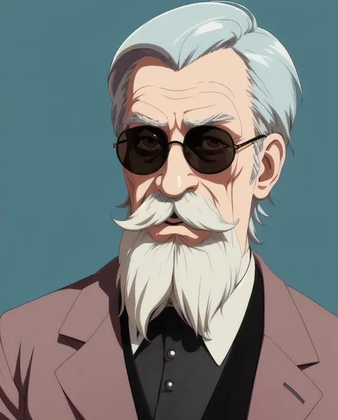 anime 2d illustration of a cool, chilled, confident elderly Victorian gentleman with an extravagant large straight symmetrical mustache, wearing round sunglasses, muted pastel color scheme