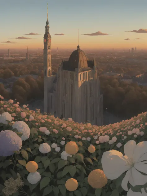 art by Roland Topor, CCTV, landscape of a Extraordinary Narnia, dense flowers, at Golden hour, Ultrarealistic, Berlin Secession