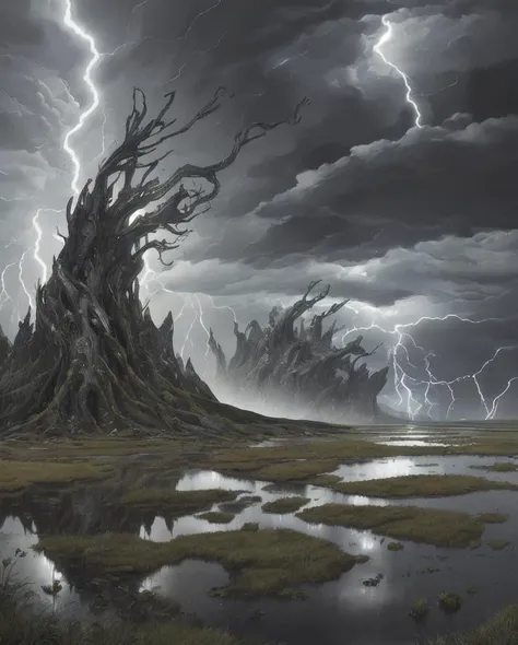 (art by Olivier Ledroit:0.8) , illustration of a hyper detailed, landscape of a Metallic Marsh, Thunderstorm, spotlit, surreal design