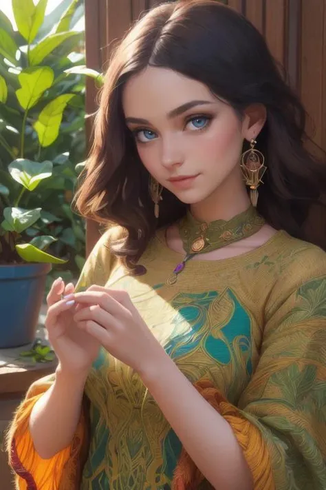Modern Masterpiece, 8k digital painting, magical realism, (focus on beautiful buxom young Solarpunk woman, (Simple and comfortable clothing: 1.5), (wear what you want), (handcrafted clothes, ((natural fibers)), (natural color), practical, durable clothing), (Art Nouveau, Cyberparadism)), (Green tech, walkable cities, sprawling plant life and an abundance of sunshine),(renewable energy, harmony with nature, handcrafted wares, community), sidelighting, excellent detailing, detailed faces, unconventional perspective, (attention to design, attention to mood, attention to composition), (visual narrative),(high artistic skill), (high artistic ability), (expert craftsmanship)