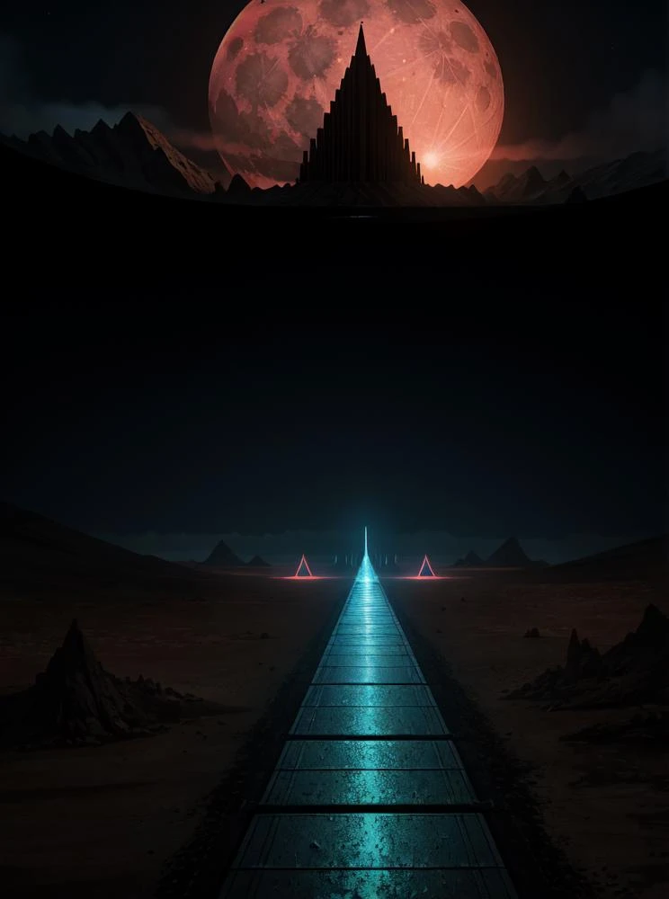 art by Paul Laffoley,art by Callie Fink, concept art, Film grain, landscape of a Brutal Race track from inside of a Mordor, Moon in the night, Ultrarealistic, Light caustics, Depth of field 100mm, Vibrant Color<lora:Stoked-Reality-LORA-v1-0:1.0><lora:Stoked-Reality-LORA-v1-0:1.0>