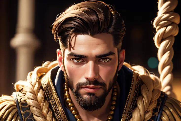 an awarded profesional photography of (1man:1.3) Inca  with Hazel eyes with  male Straight Textured Quiff hair hairstyle and classic beard in Lemon Meringue Blonde color, dressed as privateer   cheeky, rope walking   in Hollywood ,(epic scene:1.3),ultradetialed character with perfect face,detailed skin,(ultrasharp:1.3),(masterpiece:1.1),best quality,(photorealistic:1.2),ultrarealistic,realistic ultradetailed character,4k perfect quality, <lyco:GoodHands-beta2:1> by Anthony Million  Candlelight camera angle close-up and portrait Magnificent,Imperceptible detail,Intricately designed,  (perfect quality face:1.5)  hyper-detailed complex,  insanely detailed, detailed clothes, detailed skin, detailed body, , 1man, realistic lights, realistic shadows, profesional photo