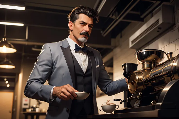 an awarded profesional photography of (1man:1.3) Athenian  with Blue eyes with  male Curly Quiff hair  hairstyle and handlebar mustache in gray color, wearing a tuxedo   nostalgic, cowering   in Coffee Roasting Station: A dedicated coffee roasting station is situated within the cafe, showcasing the art and science of coffee bean roasting. Customers can witness the roasting process and even participate in coffee tasting sessions to expand their knowledge and appreciation for specialty coffee. ,(epic scene:1.3),ultradetialed character with perfect face,detailed skin,(ultrasharp:1.3),(masterpiece:1.1),best quality,(photorealistic:1.2),ultrarealistic,realistic ultradetailed character,4k perfect quality, <lyco:GoodHands-beta2:1> by Sally Mann  Accent Lighting camera angle pov and feet out of frame Magnificent,Imperceptible detail,Intricately designed,  (perfect quality face:1.5)  hyper-detailed complex,  insanely detailed, detailed clothes, detailed skin, detailed body, , 1man, realistic lights, realistic shadows, profesional photo