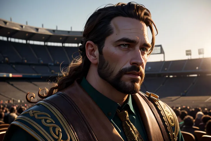 an awarded profesional photography of (1man:1.3) Celtic  with gold eyes  with  male Coiled Curls hair  hairstyle and mutton chops shaving in light brown  color, he is Bodyguard   brooding, forehead-to-forehead   in derelict stadium, cracked seats, faded team logos, echoes of cheers ,(epic scene:1.3),ultradetialed character with perfect face,detailed skin,(ultrasharp:1.3),(masterpiece:1.1),best quality,(photorealistic:1.2),ultrarealistic,realistic ultradetailed character,4k perfect quality, <lyco:GoodHands-beta2:1> by Denis Villeneuve  Low-Key Lighting camera angle wide shot and focus on full body Magnificent,Imperceptible detail,Intricately designed,  (perfect quality face:1.5)  hyper-detailed complex,  insanely detailed, detailed clothes, detailed skin, detailed body, , 1man, realistic lights, realistic shadows, profesional photo