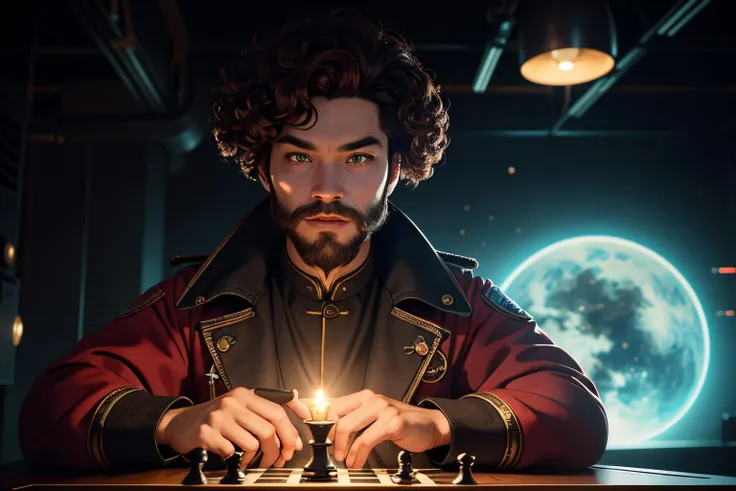 an awarded profesional photography of (1man:1.3) Chinese  with Turquoise eyes with  male curly hair hairstyle and tapered beard in chestnut  color, dressed as Inquisitor   clenched teeth, playing a game chessboard   in gleaming, Alien research facility, Alien battlefield, A world with unpredictable gravity fluctuations, leading to floating islands and erratic weather patterns., Giant space station ,(epic scene:1.3),ultradetialed character with perfect face,detailed skin,(ultrasharp:1.3),(masterpiece:1.1),best quality,(photorealistic:1.2),ultrarealistic,realistic ultradetailed character,4k perfect quality, <lyco:GoodHands-beta2:1> by by Diane Arbus Cross Lighting camera angle perspective and cropped legs Magnificent,Imperceptible detail,Intricately designed,  (perfect quality face:1.5)  hyper-detailed complex,  insanely detailed, detailed clothes, detailed skin, detailed body, , 1man, realistic lights, realistic shadows, profesional photo