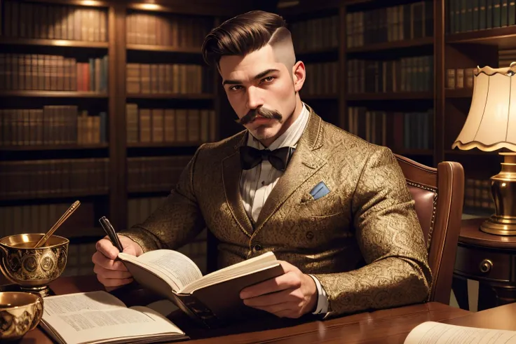 an awarded profesional photography of (1man:1.3) human with Honey eyes with male high fade hairstyle and imperial mustache in titian color, he is Dancer aroused, interlocked fingers in Bookshelves and Reading Nooks: Interspersed throughout the cafe are bookshelves filled with a curated selection of books. Cozy reading nooks with plush armchairs and floor lamps provide a quiet space for guests to enjoy their beverages while immersing themselves in a good book. ,(epic scene:1.3),ultradetialed character with perfect face,detailed skin,(ultrasharp:1.3),(masterpiece:1.1),best quality,(photorealistic:1.2),ultrarealistic,realistic ultradetailed character,4k perfect quality, <lyco:GoodHands-beta2:1> by David Fincher Hard Fill Lighting camera angle perspective and focus on upper body Magnificent,Imperceptible detail,Intricately designed, (perfect quality face:1.5) hyper-detailed complex, insanely detailed, detailed clothes, detailed skin, detailed body, , 1man, realistic lights, realistic shadows, profesional photo