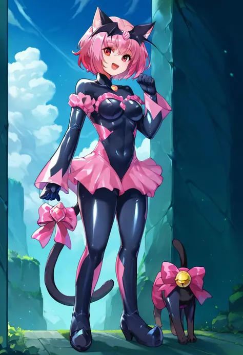 score_9,score_8_up,score_7_up, score_6_up, uncensored, source_anime, 5_fingers, 1girl, solo, black badend-bodysuit, badend-tiara, pink frills, pink skirt, pink gem, latex bodysuit, zPDXL2, good_hands, full body, medium breasts, by hiroyama_hirosh, csr style, mew_ichigo, cat girl, cat ears, tail bow, cat tail, posture, elbows extended, standing ,smile, open mouth, pink hair, red eyes