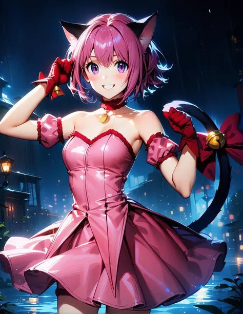 1girl, solo,<lora:sdxl-lyco-mew_ichigo-original-animagine_xl_3_1-v1:1>, mew_ichigo, tail bow, gloves, cat tail, red gloves, tail bell, choker, detached sleeves,pink dress, strapless, standing ,,,smile, best quality, very aesthetic, ultra-detailed, intricate details, 4k,BREAK  in a thunderstorm