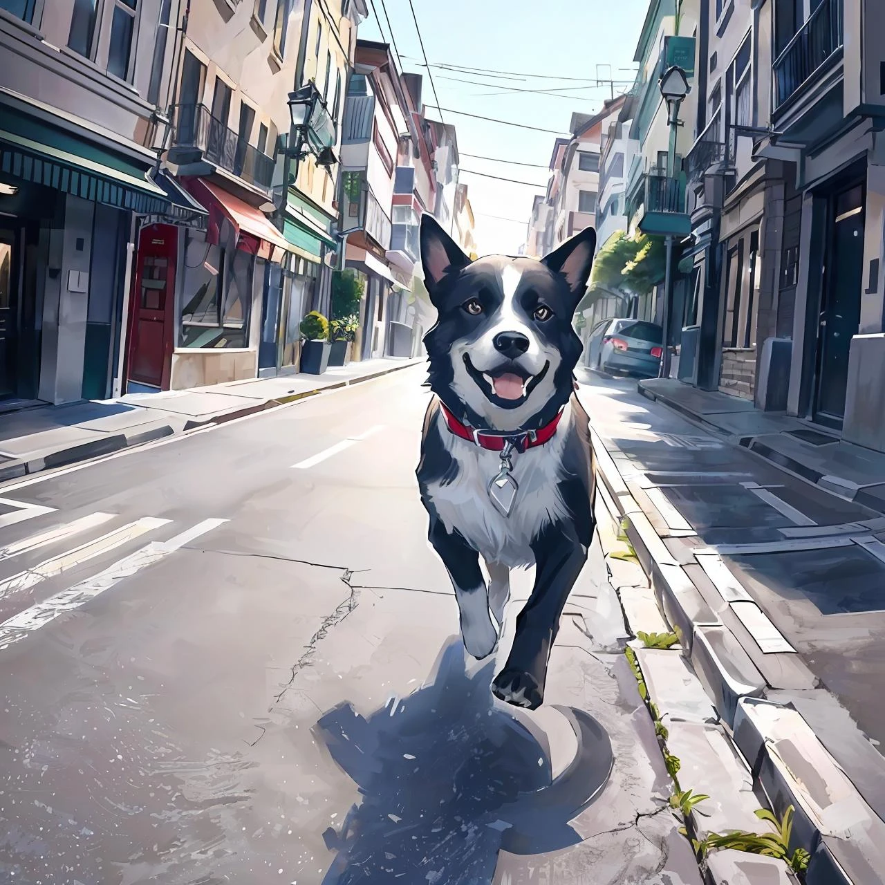 best quality,  dog, running, street,