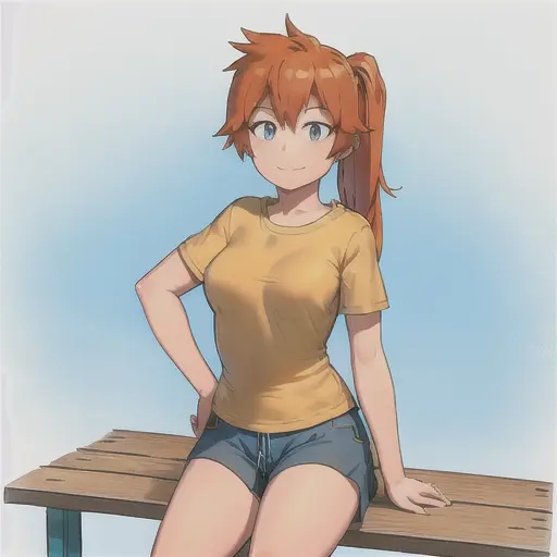 itsuka kendou, 1girl, solo, long hair, breasts, looking at viewer, smile, blue eyes, simple background, shirt, white background, closed mouth, ponytail, short sleeves, cowboy shot, shorts, orange hair, hands on hips, side ponytail, short shorts, blue shorts, yellow shirt, sitting on bench, bench, park <lora:ItsukaKendoLoRA-10:0.6>