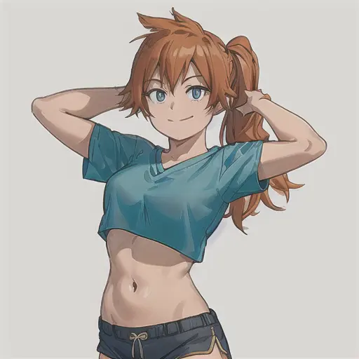 itsuka kendou, 1girl, solo, long hair, , looking at viewer, smile, blue eyes, simple background, shirt, white background, navel, closed mouth, ponytail, short sleeves, cowboy shot, shorts, midriff, orange hair, arms up, side ponytail, crop top, short shorts, arms behind head, blue shorts, yellow shirt, cropped shirt <lora:ItsukaKendoLoRA-10:0.6>
