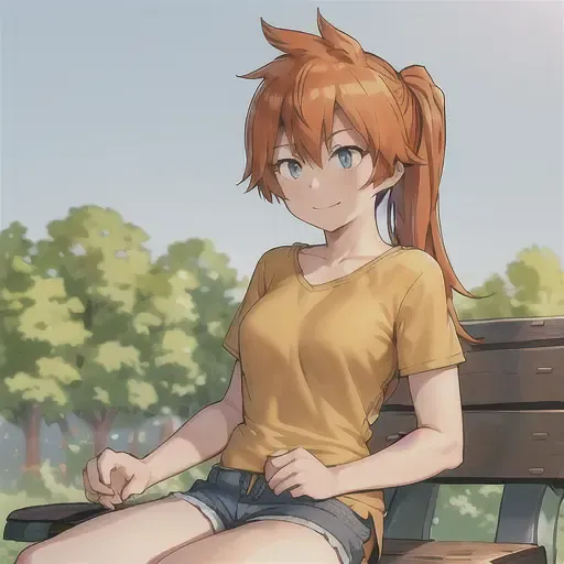 itsuka kendou, 1girl, solo, long hair, breasts, looking at viewer, smile, blue eyes, simple background, shirt, white background, closed mouth, ponytail, short sleeves, cowboy shot, shorts, orange hair, hands on hips, side ponytail, short shorts, blue shorts, yellow shirt, sitting on bench, bench, park <lora:ItsukaKendoLoRA-10:0.6>