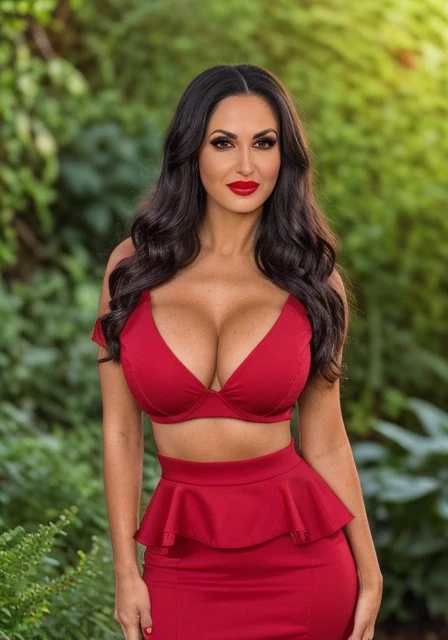 avaaddams <lora:avaaddams_v1.0c-fro0.9:1>, (sharp focus:1.2), photo, attractive young woman, (beautiful face:1.1), detailed eyes, luscious lips, (bold red lip colour:0.85), (medium breasts:1.0), (slim body:1.2), (long hair:1.2), wearing (peplum dress:1.2) in a (botanical garden:1.2). (moody lighting:1.2), depth of field, bokeh, 4K, HDR. by (James C. Christensen:1.2|Jeremy Lipking:1.1).