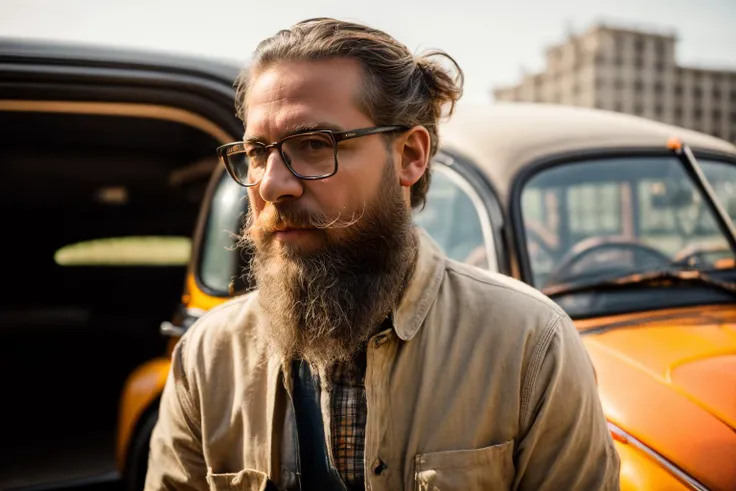 (masterpiece, best quality:1.5), ultra realistic, 32k, RAW photo, (high detailed skin:1.2), 8k uhd, dslr, soft lighting, high quality, film grain, man with white beard and overalls, hipster style, orange beetle car on background, sunny day, half length shot, <lora:add_detail:1>