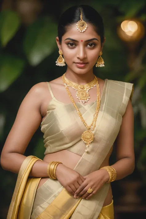 RAW photo, a portrait photo of a kerala vogue model in fashionable kerala white and gold kasavu style, (detailed skin:1.3), (detailed face:1.3), film grain, Fujifilm XT3, vogue photoshoot, (background is a kerala ancestral home at golden hour:1.2), two tone lighting, dark lighting, night, dim light, soft focus, 8k uhd, dslr, soft lighting, high quality, bokeh, backlit