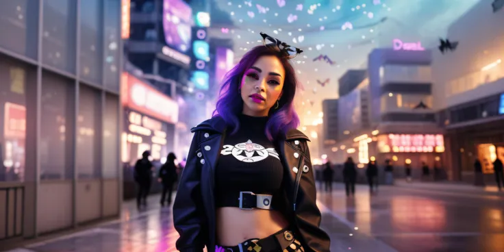 in the city, rebel, cute latina woman, <lora:绪å¿-æ¢¦å¹»åºæ¯ dream like:1>, butterflies ,dream like, cyberpunk, skirt